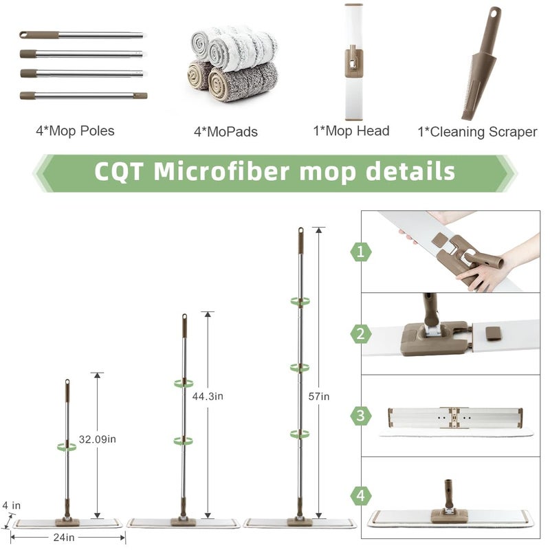 CQT Commercial Flat Microfiber Floor Mop Cleaning System 24" Inch Wet Dry and Dust Hardwood with 4 Washable Pads Cleaner for Laminate Tile Stainless Steel Handle and Extension (PT14 Brown) - Image 3